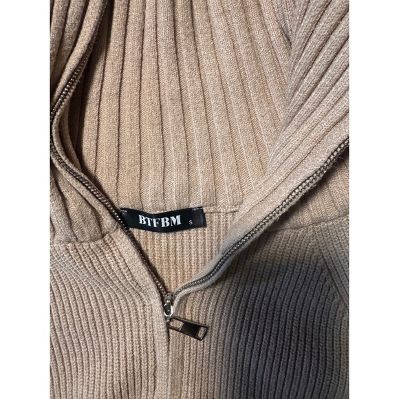 BTFBM Women's Beige Ribbed Knit Quarter Zip Mock Neck Sweater S - Picture 4 of 5